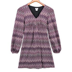 Mimi Maternity Mini Dress Purple Gold Metallic Long Balloon Sleeve V Neck Sz XS